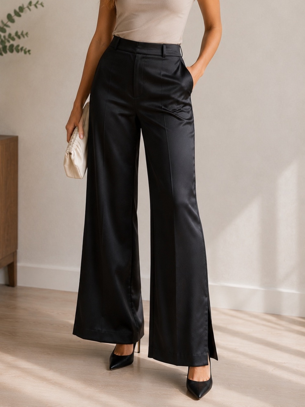 Jason Wu Women’s Black Satin Wide Leg Pants Size 10 Elegant Silky Trousers